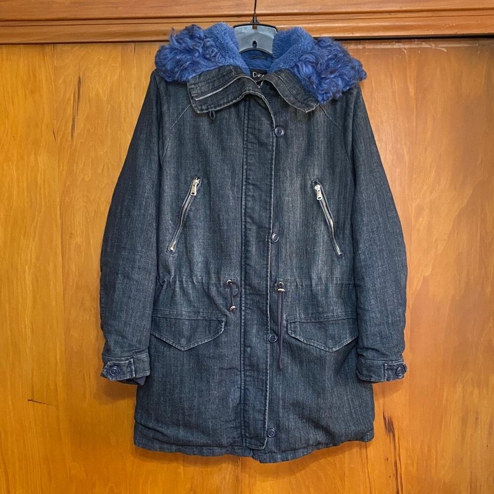 Dex Dark Denim Jacket 32” Coat Hooded  Blue Faux Fur Trim Zippers P2P 23” Street